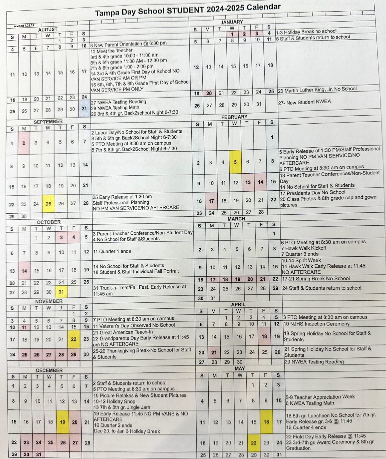 20242025 Student School Calendar Tampa Day School